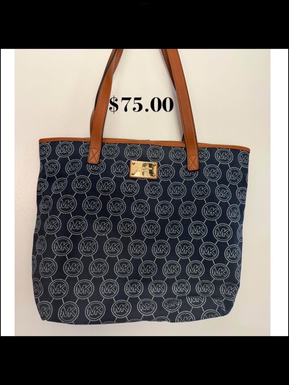 Michael Kors Navy MK Monogram Tote with Tan Trim